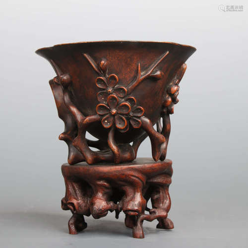 A Chinese Plum Blossom Carved Rosewood Cup