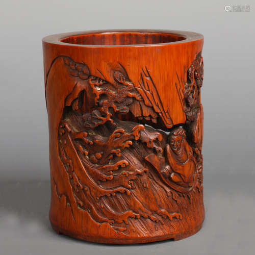 A Chinese Figure Pattern Bamboo Carved Brush Pot