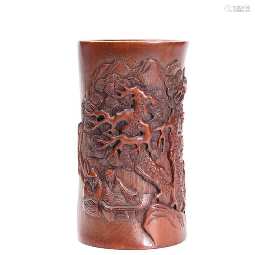 A Chinese Figure Pattern Bamboo Carved Brush Pot