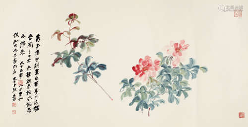 张大千 丙辰（1976年）作 1899～1983  双株芍药  绘画 镜心  设色纸本