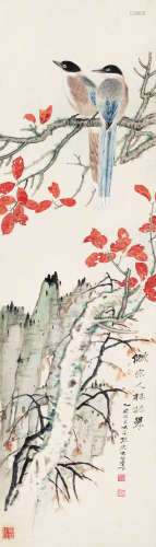 张大千 乙亥（1935年）作 1899～1983  红叶双栖  绘画 立轴  设色纸本