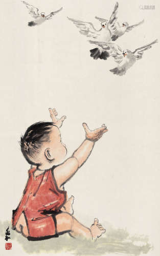 蒋兆和  1904～1986  婴孩与和平鸽  绘画 立轴  设色纸本