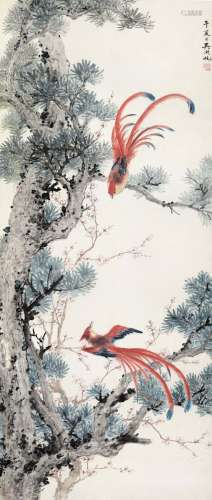 吴湖帆 癸巳（1953年）作 1894～1968  绶带祝寿  绘画 立轴  设色纸本