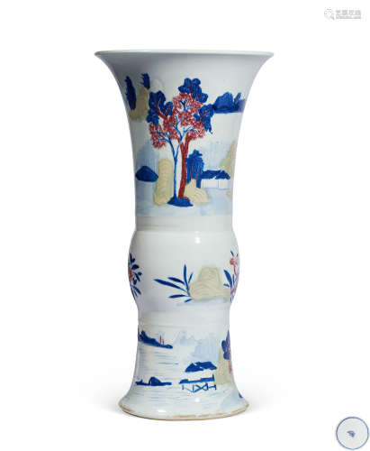 清康熙   釉下三彩山水纹花觚  清代其它彩釉瓷器