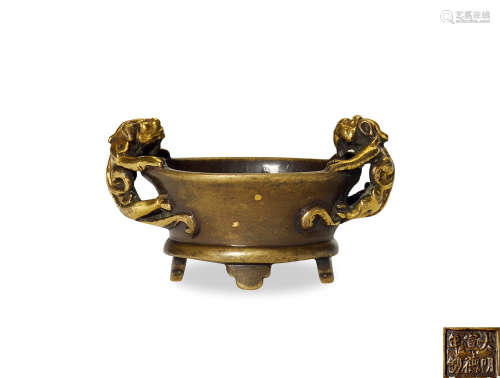 清早期 铜局部鎏金双螭耳琴炉  铜器