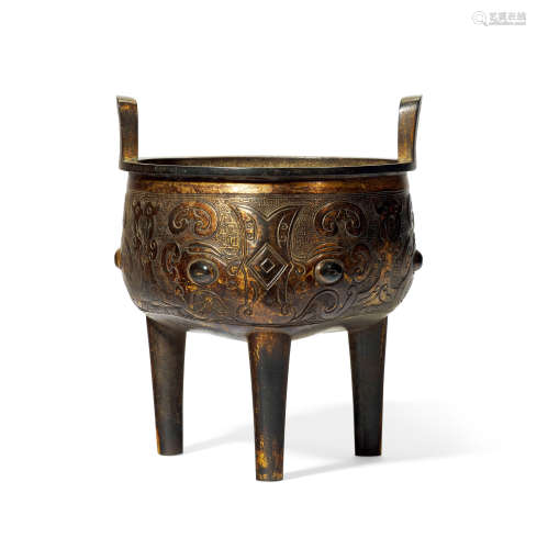 清早期 铜鎏金饕餮纹三足鼎式炉  铜器