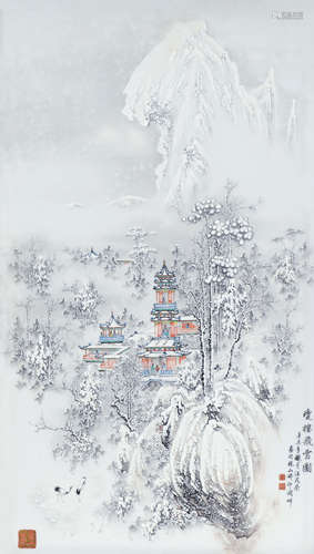 汪昆荣 1991年（辛未年）   琼楼飞雪图·粉彩雪景瓷板  现当代及其它瓷器