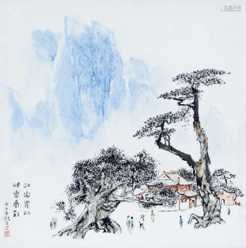 王锡良 2014年（甲午年）   江山青丽·粉彩瓷板  现当代及其它瓷器