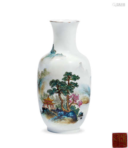 徐焕文 60-70年代  （传） 独坐敬亭山·粉彩山水薄胎瓷瓶  现当代及其它瓷器