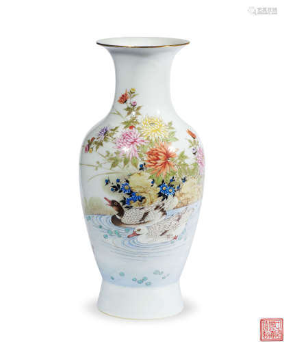 彭元清 1994年（甲戌年）   双鸭图·粉彩瓷瓶  现当代及其它瓷器