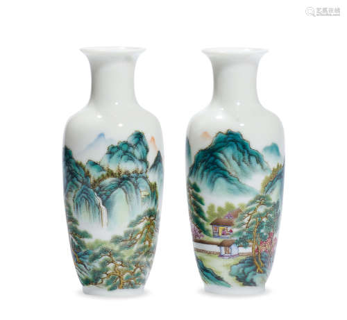 张志汤 民国   秋江孤影·粉彩瓷瓶 （一对） 民国瓷器