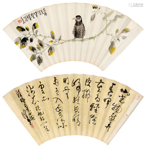 陈佩秋 戊子（2008年）作 1923～2020  花鸟书法  绘画 扇面  设色纸本