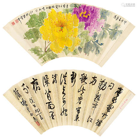 谢稚柳 戊午（1978年）作 1910～1997  花卉书法  绘画 扇面  设色绢本