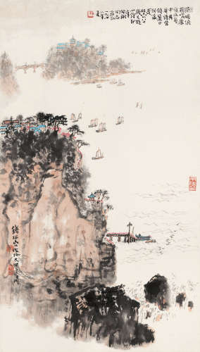 钱松喦 戊午（1978）年作 1899～1985  太湖小景  绘画 立轴  设色纸本