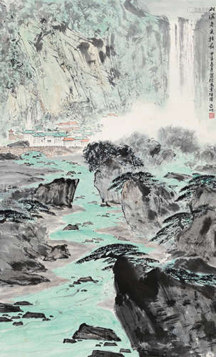 亚明 甲子（1984年）作 1924～2002  远山飞瀑图  绘画 立轴  设色纸本
