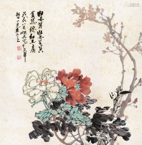 曹明冉 戊辰（1988年）作 b.1948  牡丹  绘画 立轴  设色纸本