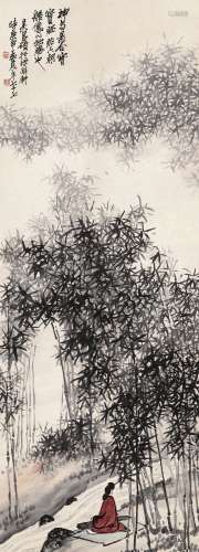 吴昌硕 庚申（1920年）作 1864～1927  竹林抚琴图  绘画 立轴  设色纸本