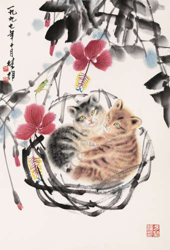 方楚雄 丁丑（1997年）作 b.1950  双猫  绘画 立轴  设色纸本