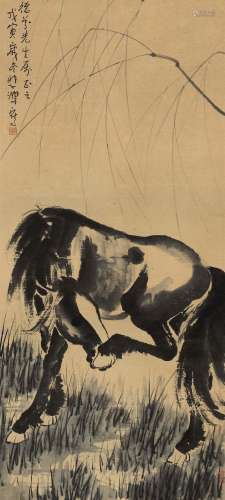 徐悲鸿 戊寅（1938年）作 1895～1953  柳荫立马  绘画 立轴  设色纸本