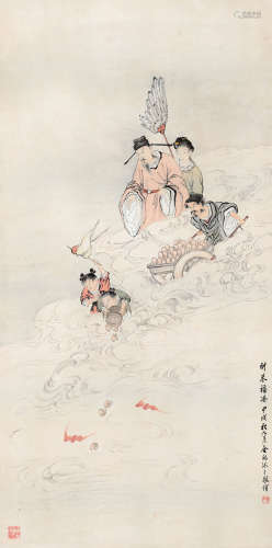 金梦石 甲戌（1934年）作 1869～1952  财来福凑  绘画 立轴  设色纸本