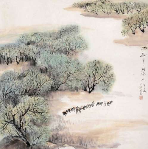 何海霞  1908～1998  杨柳青青渡河人  绘画 立轴  设色纸本
