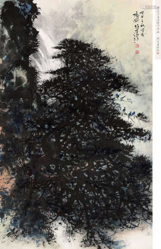 黎雄才 庚午（1990年）作 1910～2001  松瀑小鸟  绘画 镜心  设色纸本