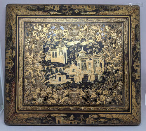 19世紀黑漆描金人物(風景遊戲盒連33貝母片)