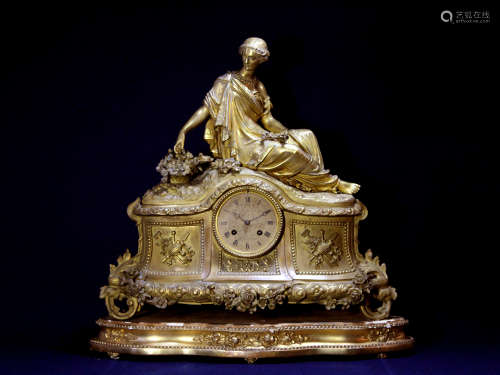 19世紀 欧州 銅鍍金細密細工美人薔薇紋置時計