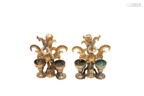 Chinese Bronze Gold Gilded Ritual Vessels Inlaid With Turquoise