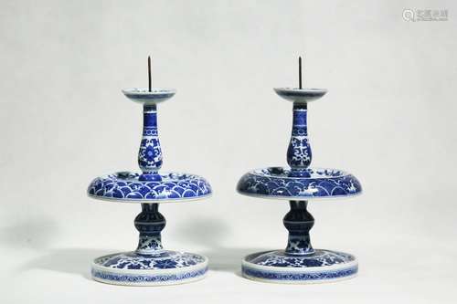 Chinese Pair Of Qing Dynasty Blue And White Candlesticks