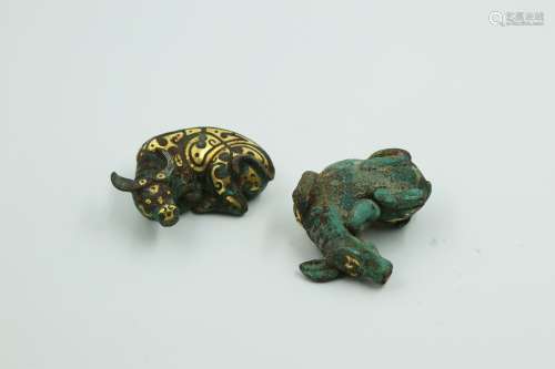 Chinese Bronze Cattle With Gold And Silver Painted