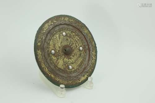 Chinese Bronze Mirror With Gold Painted