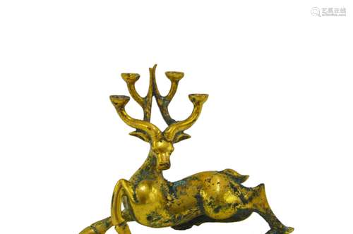 Chinese Pair Of Zhan Han Period Bronze Gold Gilded Deers