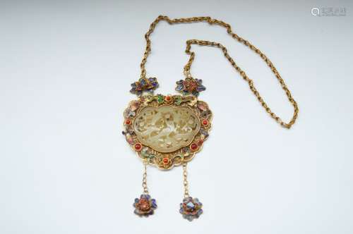 Chinese Silver Gold Gilded Inlaid With Jade Pendant