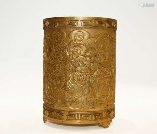 Chinese Bronze Gold Gilded Brush Pot