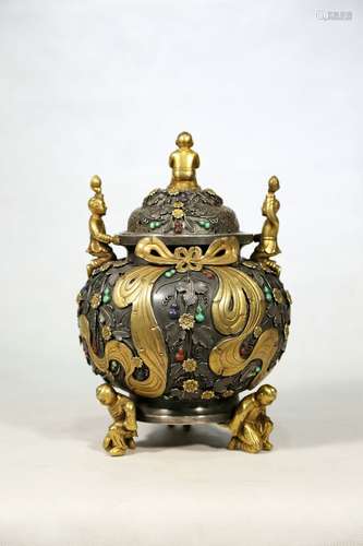 Chinese Qing Dynasty Qianlong Period Silver Gold Gilded Incense Burner