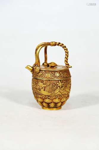 Chinese Bronze Gold Gilded Tri-Leaf Teapot