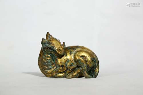 Chinese Rare Bronze Gold Gilded Lying Beast