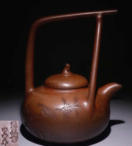 A ZISHA TEA POT CARVED WITH FLOWER&POETRY