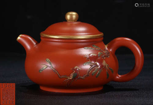 A ZISHA TEA POT PAINTED WITH BIRD&POETRY