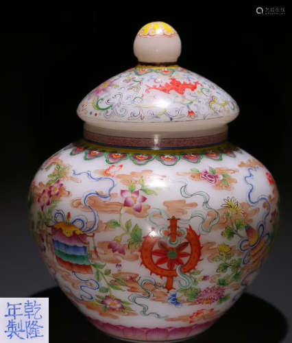 A GLASS JAR PAINTED WITH FLOWER PATTERN