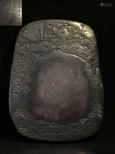 A INK SLAB CARVED WITH LANDSCAPE&POETRY