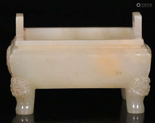 AN OLD HETIAN JADE CENSER CARVED WITH BEAST