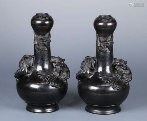 PAIR OF ZITAN WOOD VASE CARVED WITH BEAST