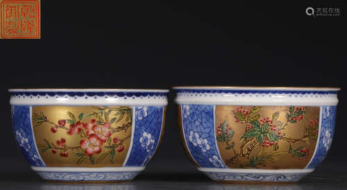 PAIR OF BLUE&WHITE GLAZE CUP PAINTED WITH FLOWER