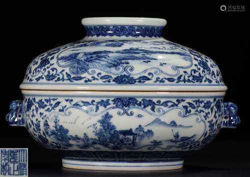 A BLUE&WHITE GLAZE CONTAINER WITH LANDSCAPE PATTERN