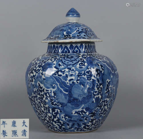 A BLUE&WHITE GLAZE JAR WITH LION PATTERN