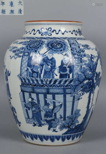 A BLUE&WHITE GLAZE JAR WITH STORY PATTERN