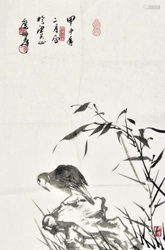 卢坤峰 竹鸟图 纸本镜片