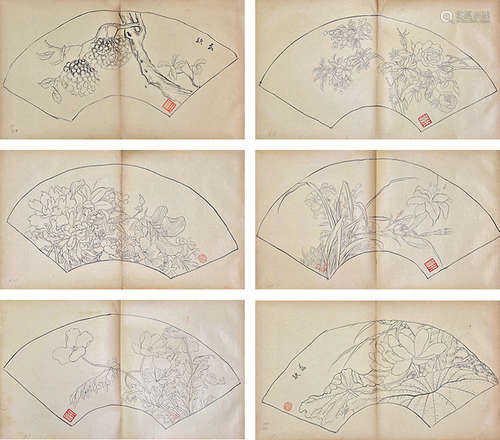 陆抑非 花卉 扇面 纸本册页